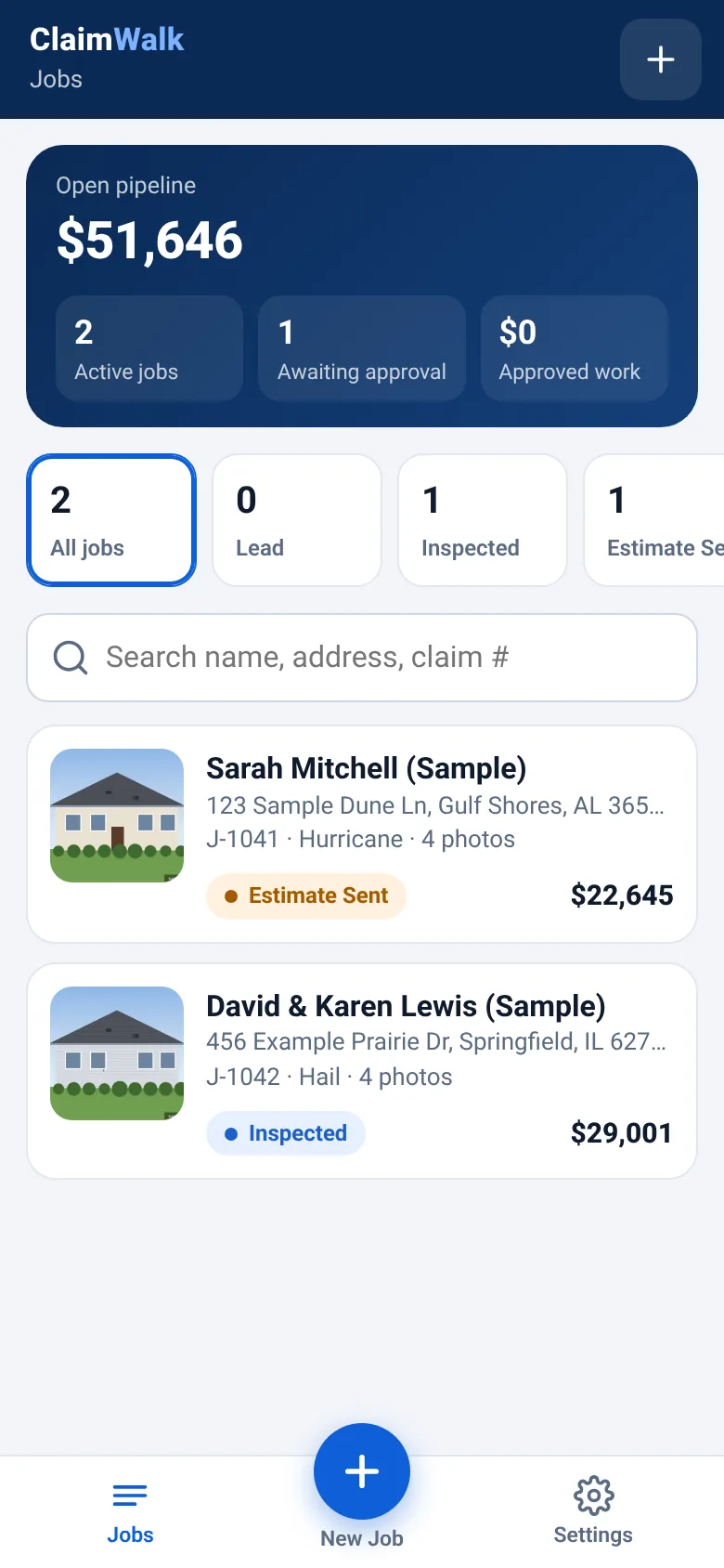 ClaimWalk job pipeline dashboard showing open pipeline value and jobs by status